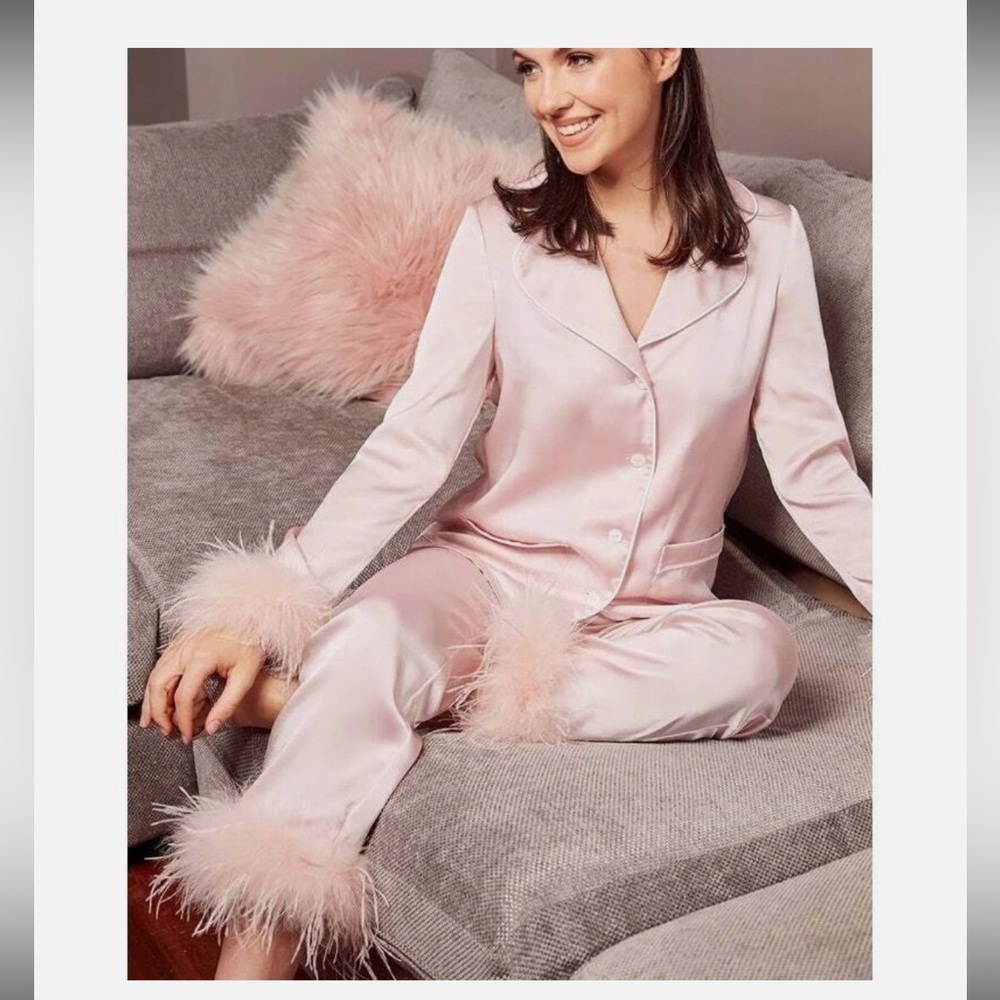 Nadine Merabi Pink Feather Trim Satin Pajama Set XL Glam Bridal Luxe Chic ♠️